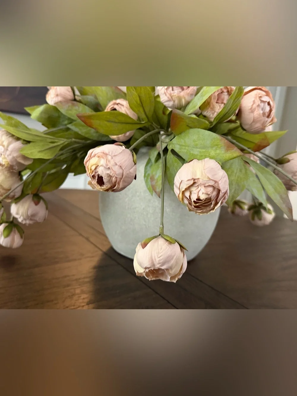 (8) viral Ashland tan peony stems (32 buds total)  from Michael’s w/pottery vase